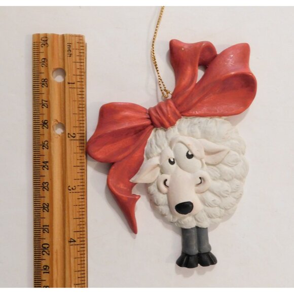 Vintage Whimsical Sheep Christmas Ornament Red Bow Funny Holiday Decorations - Picture 3 of 3